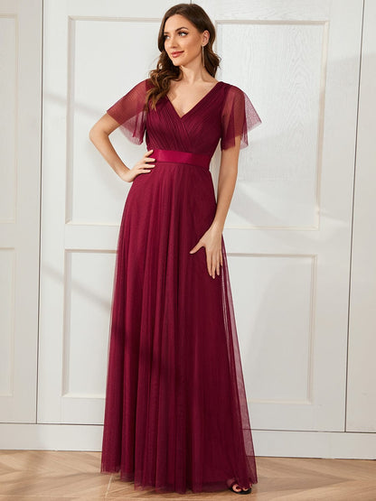 Double V-Neck Floor-Length Short Sleeve Tulle Bridesmaid Dresses #color_Burgundy