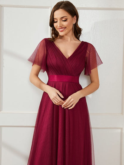 Double V-Neck Floor-Length Short Sleeve Tulle Bridesmaid Dresses #color_Burgundy