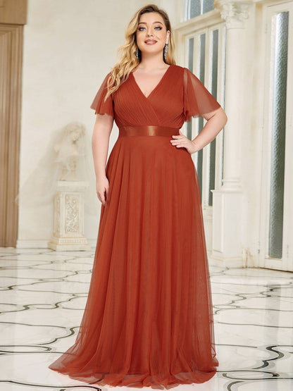 V-Neck Floor-Length Short Sleeve Tulle Bridesmaid Dresses #color_Burnt Orange 