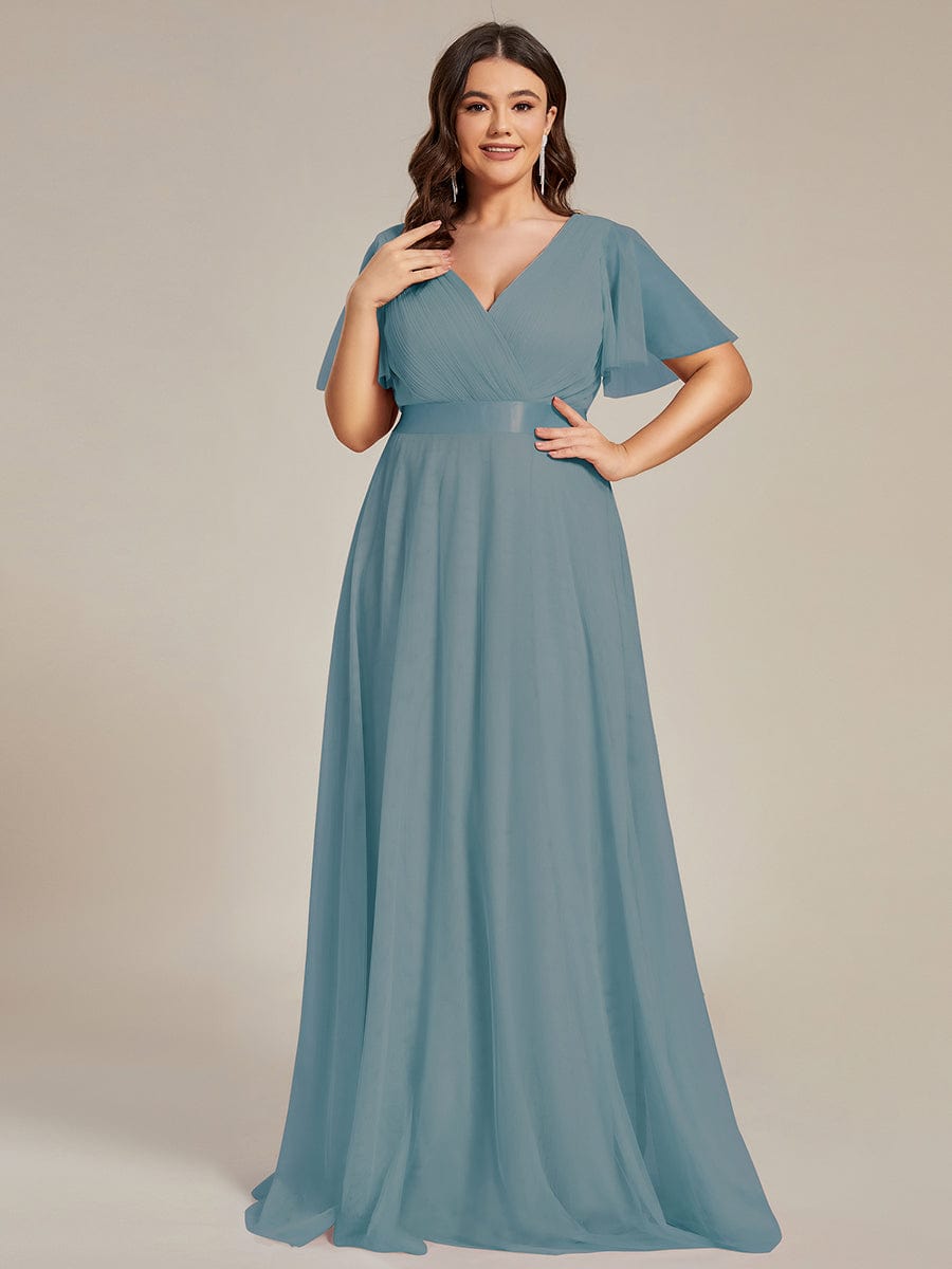 Double V-Neck Floor-Length Short Sleeve Tulle Bridesmaid Dresses #color_Dusty Blue