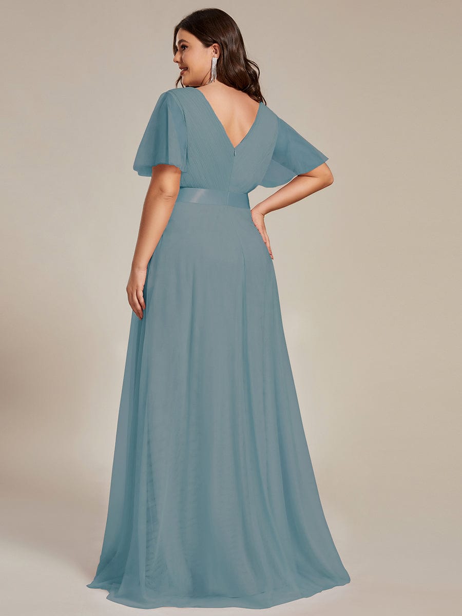 Double V-Neck Floor-Length Short Sleeve Tulle Bridesmaid Dresses #color_Dusty Blue