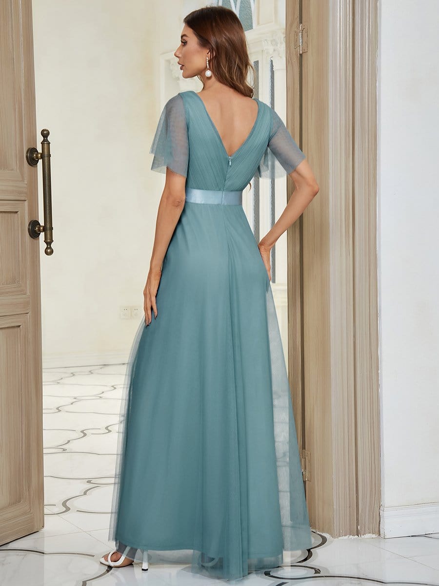 Double V-Neck Floor-Length Short Sleeve Tulle Bridesmaid Dresses #color_Dusty Blue 