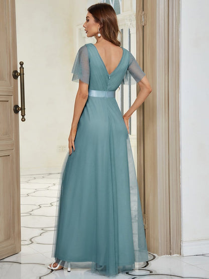 Double V-Neck Floor-Length Short Sleeve Tulle Bridesmaid Dresses #color_Dusty Blue 