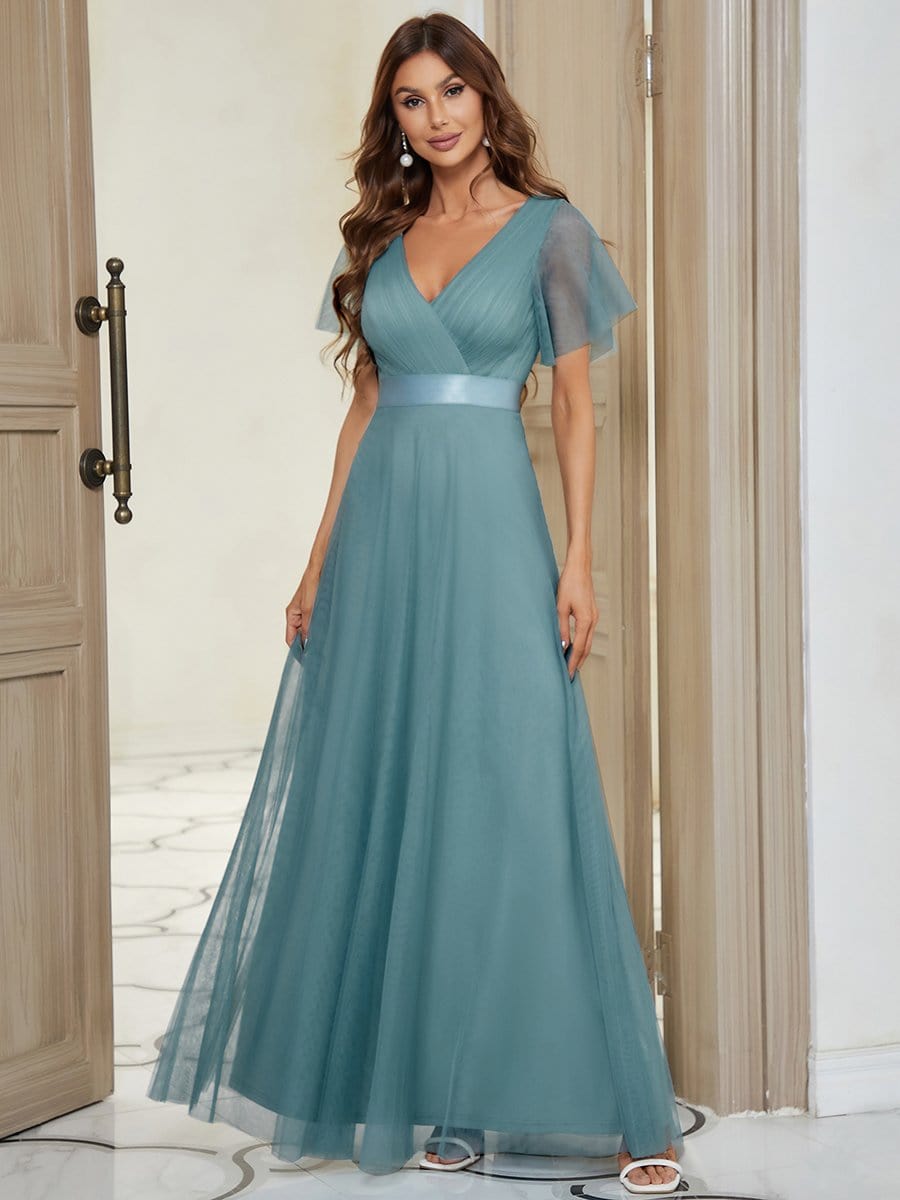 Double V-Neck Floor-Length Short Sleeve Tulle Bridesmaid Dresses #color_Dusty Blue 