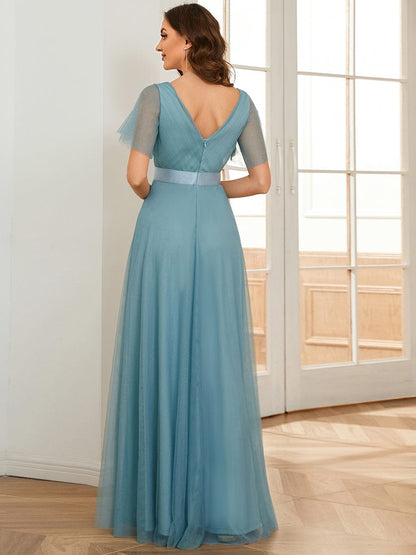 Double V-Neck Floor-Length Short Sleeve Tulle Bridesmaid Dresses #color_Dusty Blue