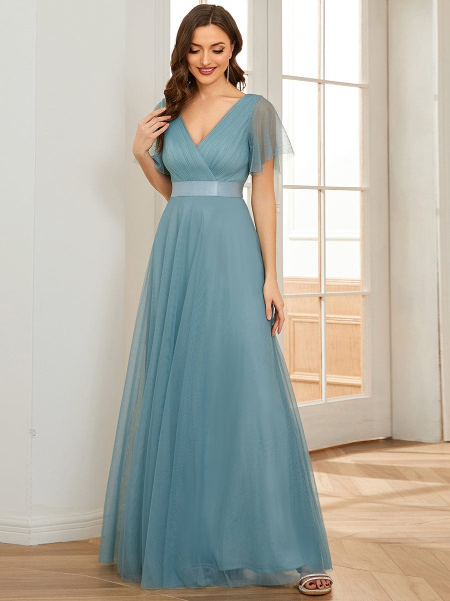 Double V-Neck Floor-Length Short Sleeve Tulle Bridesmaid Dresses #color_Dusty Blue