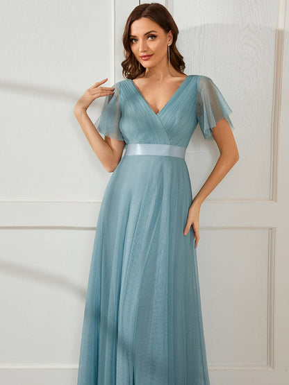 Double V-Neck Floor-Length Short Sleeve Tulle Bridesmaid Dresses #color_Dusty Blue