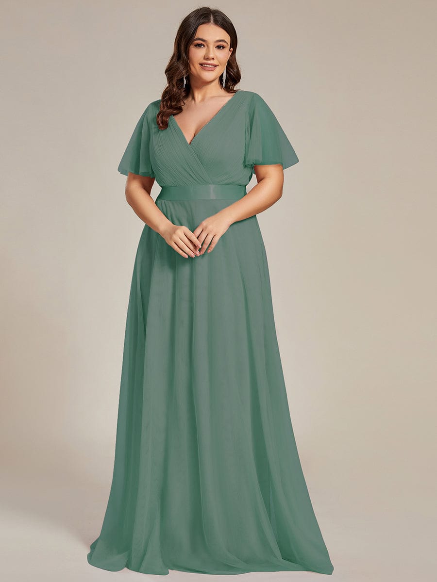 Double V-Neck Floor-Length Short Sleeve Tulle Bridesmaid Dresses #color_Green Bean