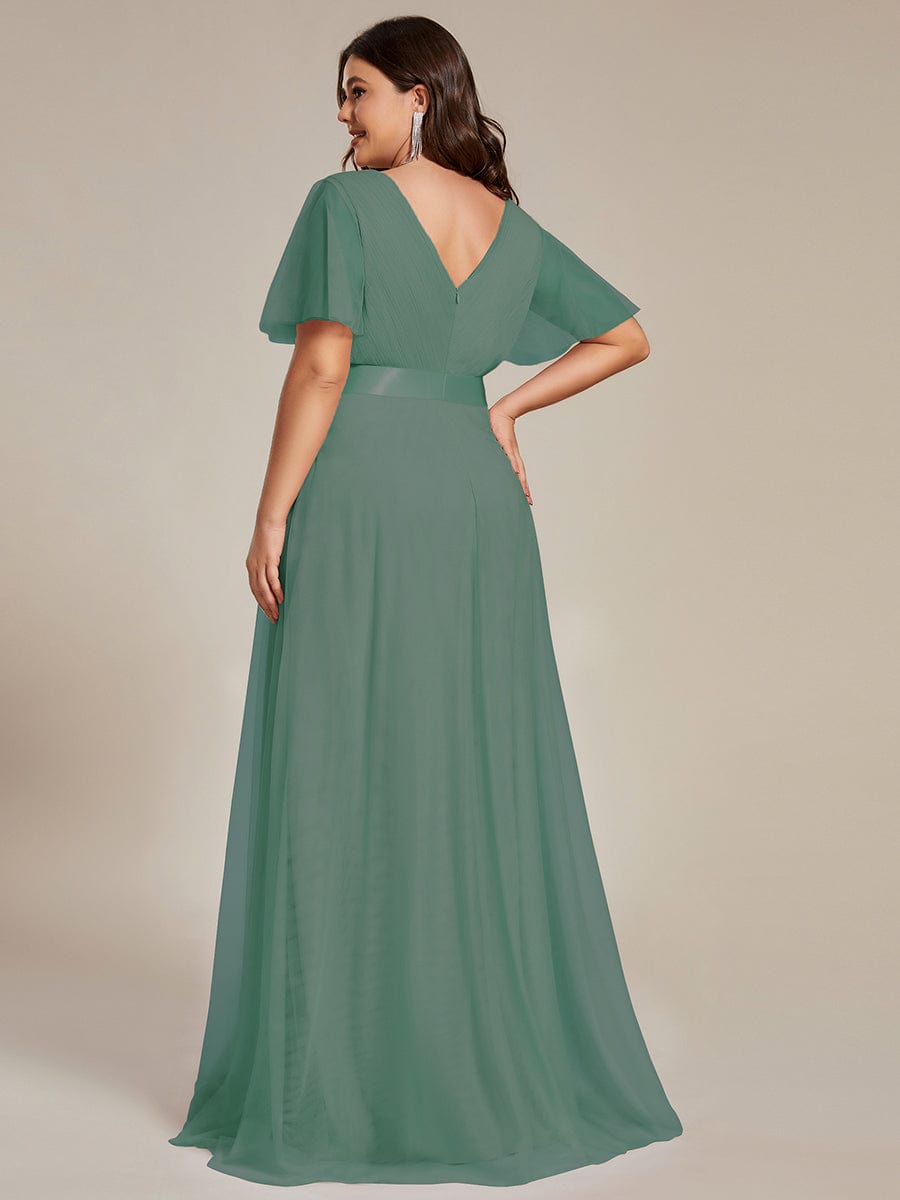 Double V-Neck Floor-Length Short Sleeve Tulle Bridesmaid Dresses #color_Green Bean