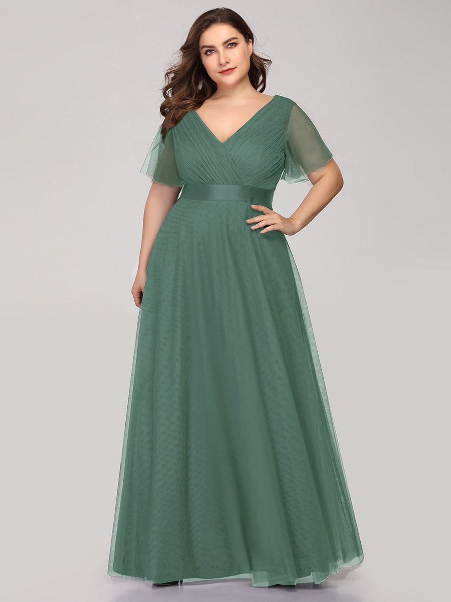 Double V-Neck Floor-Length Short Sleeve Tulle Bridesmaid Dresses #color_Green Bean