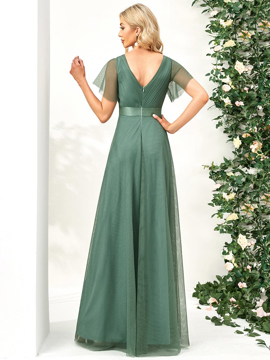 Double V-Neck Floor-Length Short Sleeve Tulle Bridesmaid Dresses #color_Green Bean