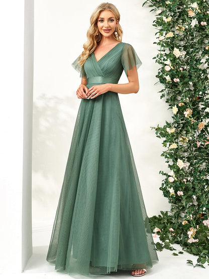 Double V-Neck Floor-Length Short Sleeve Tulle Bridesmaid Dresses #color_Green Bean