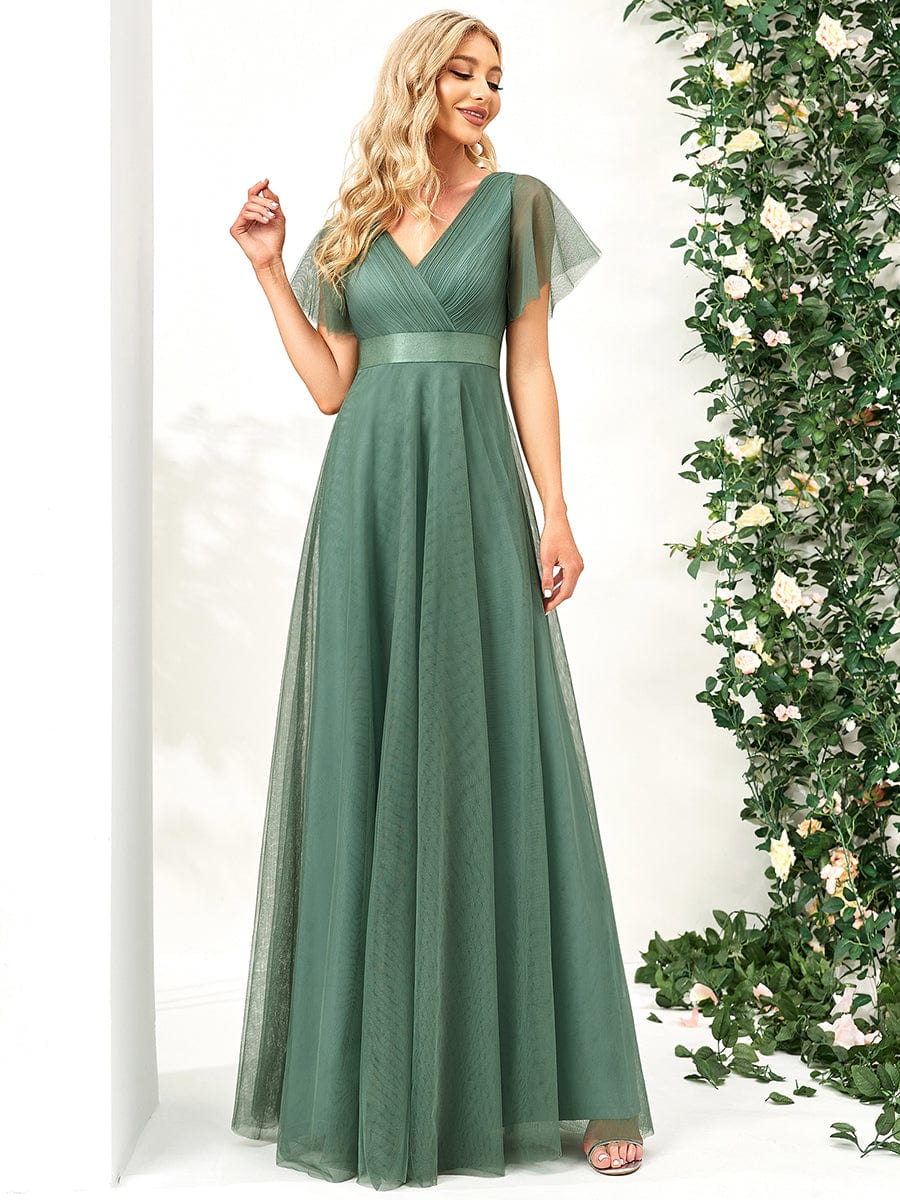 Double V-Neck Floor-Length Short Sleeve Tulle Bridesmaid Dresses #color_Green Bean