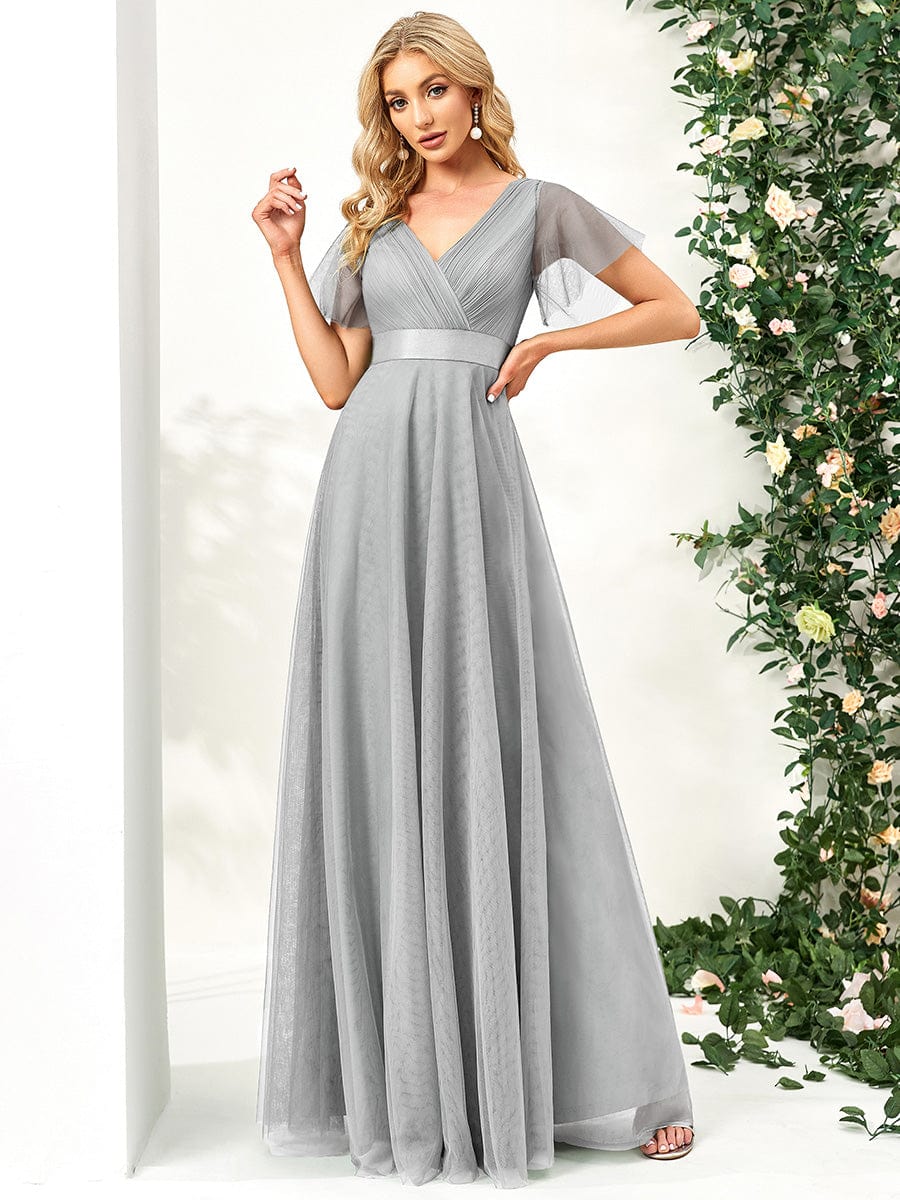 Double V-Neck Floor-Length Short Sleeve Tulle Bridesmaid Dresses #color_Grey