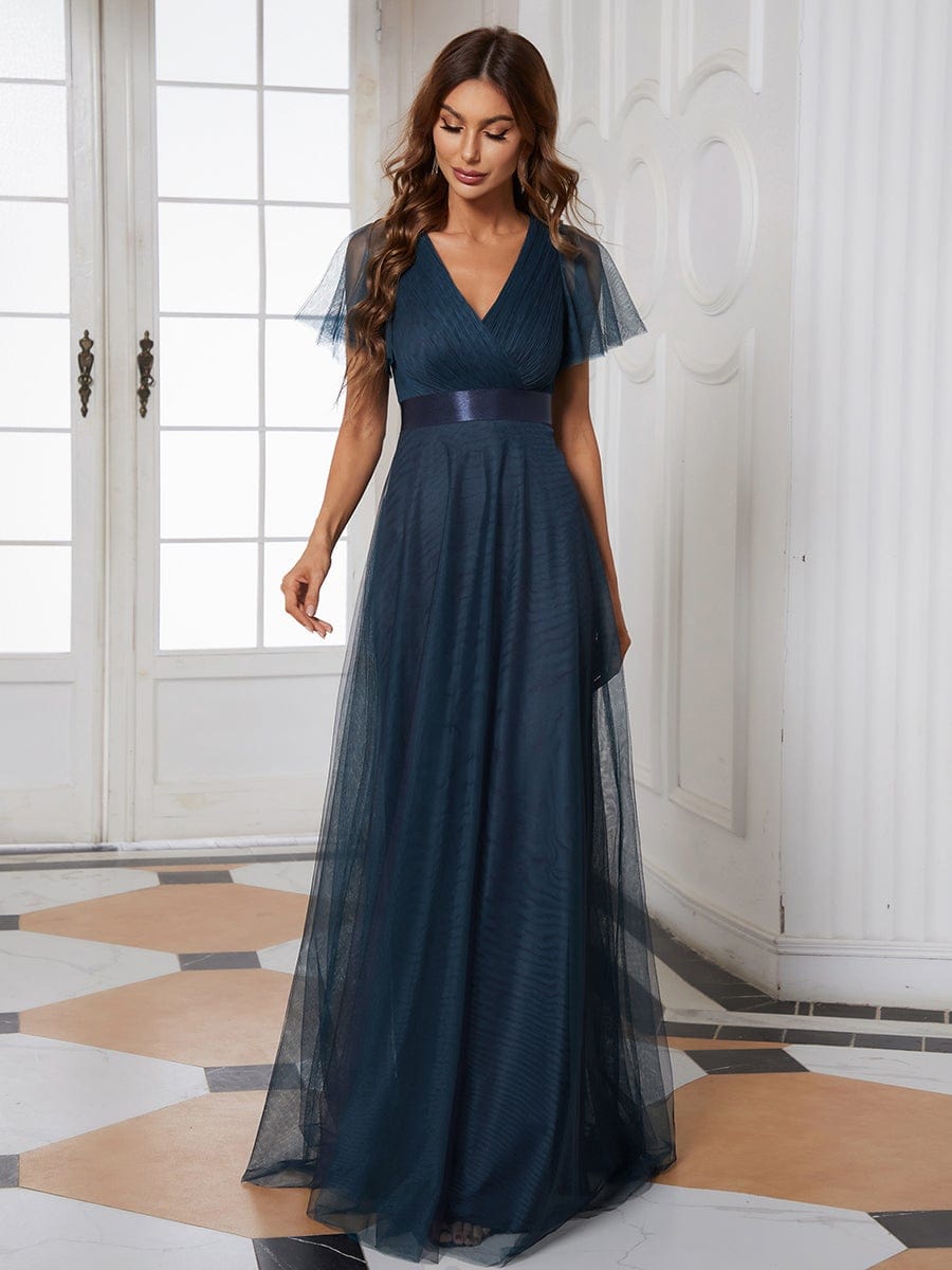 Double V-Neck Floor-Length Short Sleeve Tulle Bridesmaid Dresses #color_Navy Blue 