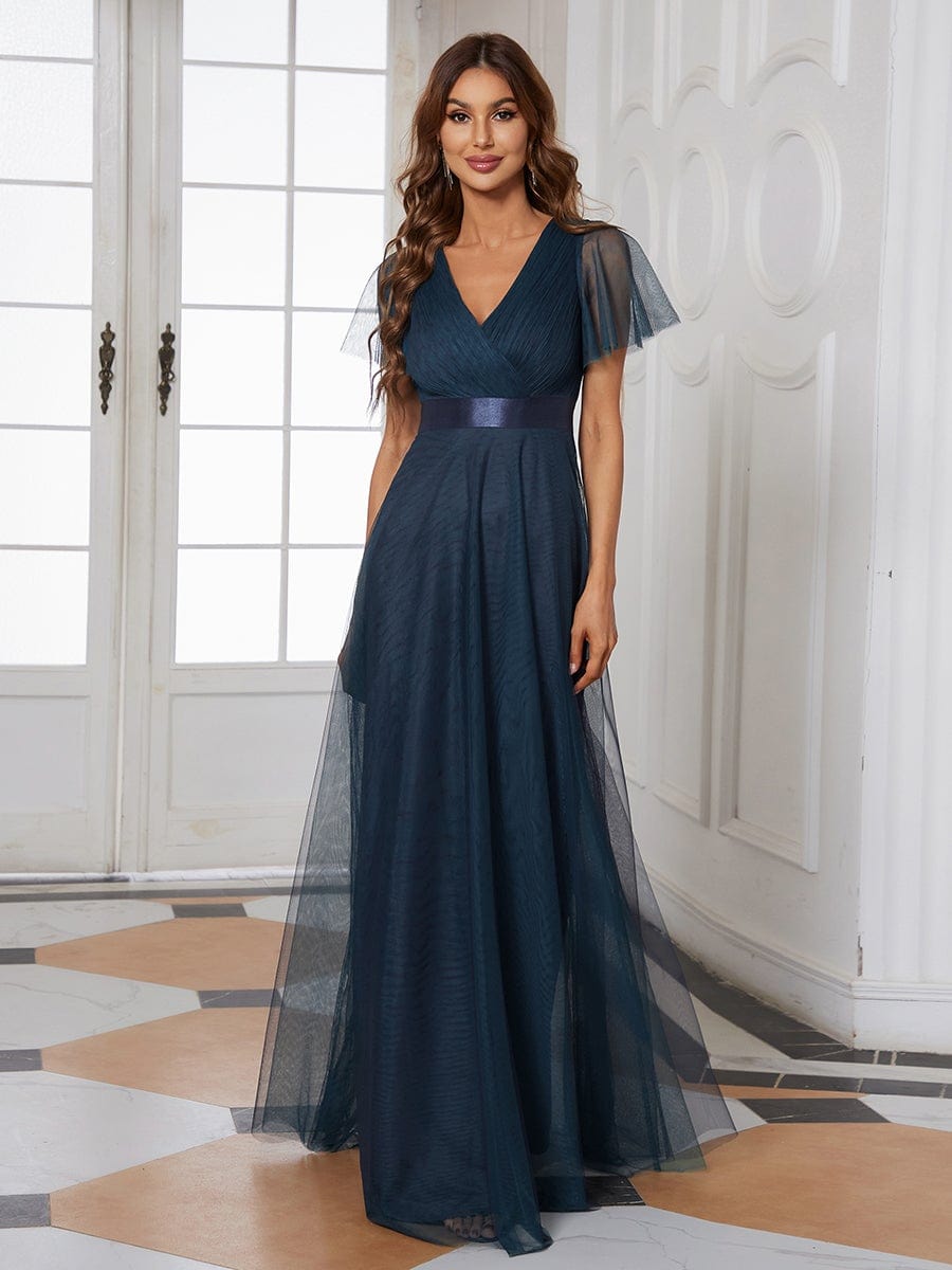 Double V-Neck Floor-Length Short Sleeve Tulle Bridesmaid Dresses #color_Navy Blue 