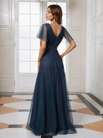 Double V-Neck Floor-Length Short Sleeve Tulle Bridesmaid Dresses #color_Navy Blue 