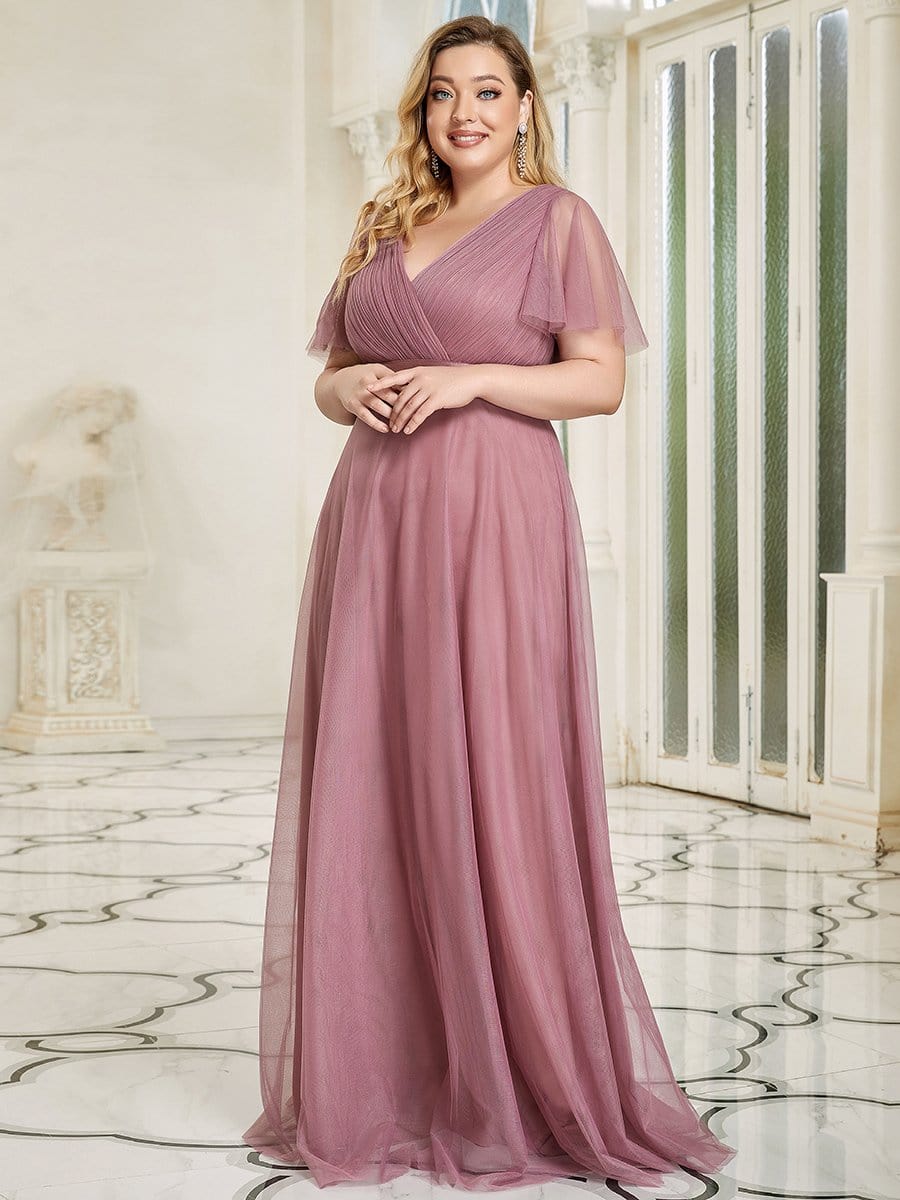 V-Neck Floor-Length Short Sleeve Tulle Bridesmaid Dresses #color_Purple Orchid 