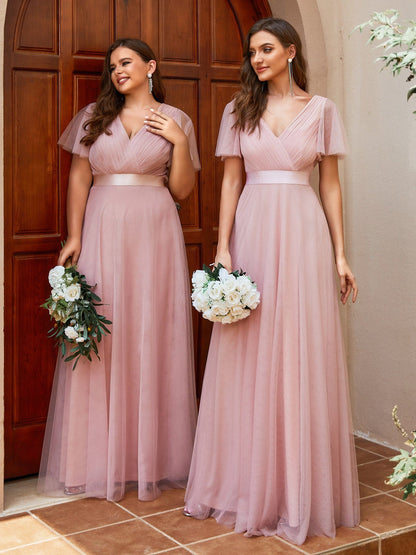 Double V-Neck Floor-Length Short Sleeve Tulle Bridesmaid Dresses #color_Pink