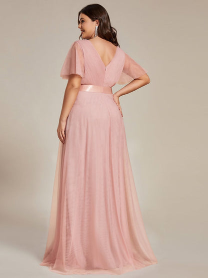 Double V-Neck Floor-Length Short Sleeve Tulle Bridesmaid Dresses #color_Pink