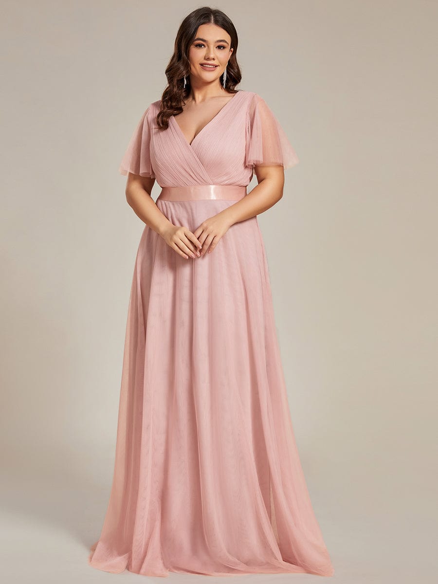 Double V-Neck Floor-Length Short Sleeve Tulle Bridesmaid Dresses #color_Pink