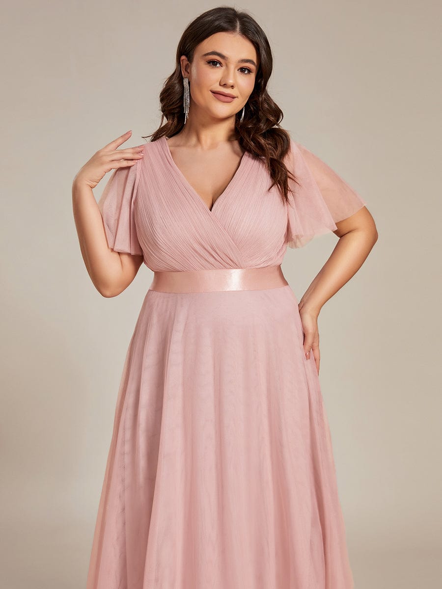 Double V-Neck Floor-Length Short Sleeve Tulle Bridesmaid Dresses #color_Pink