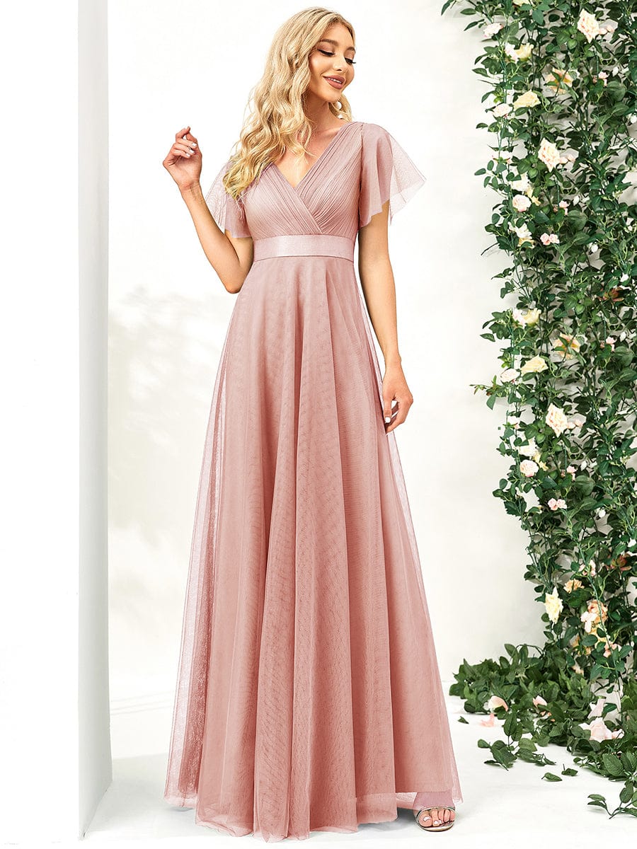 Double V-Neck Floor-Length Short Sleeve Tulle Bridesmaid Dresses #color_Pink