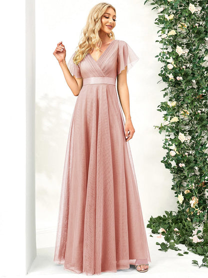 Double V-Neck Floor-Length Short Sleeve Tulle Bridesmaid Dresses #color_Pink