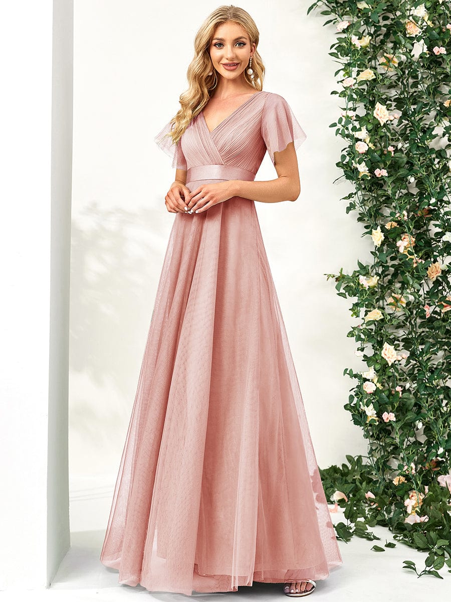 Double V-Neck Floor-Length Short Sleeve Tulle Bridesmaid Dresses #color_Pink