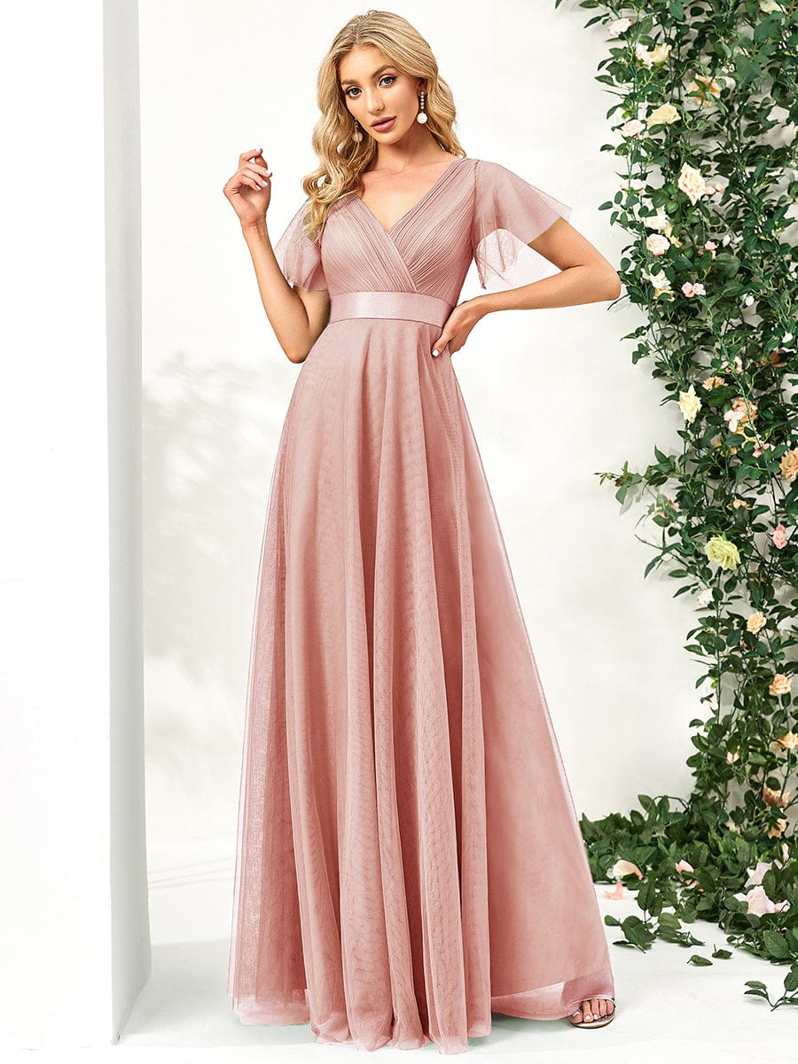 Double V-Neck Floor-Length Short Sleeve Tulle Bridesmaid Dresses #color_Pink