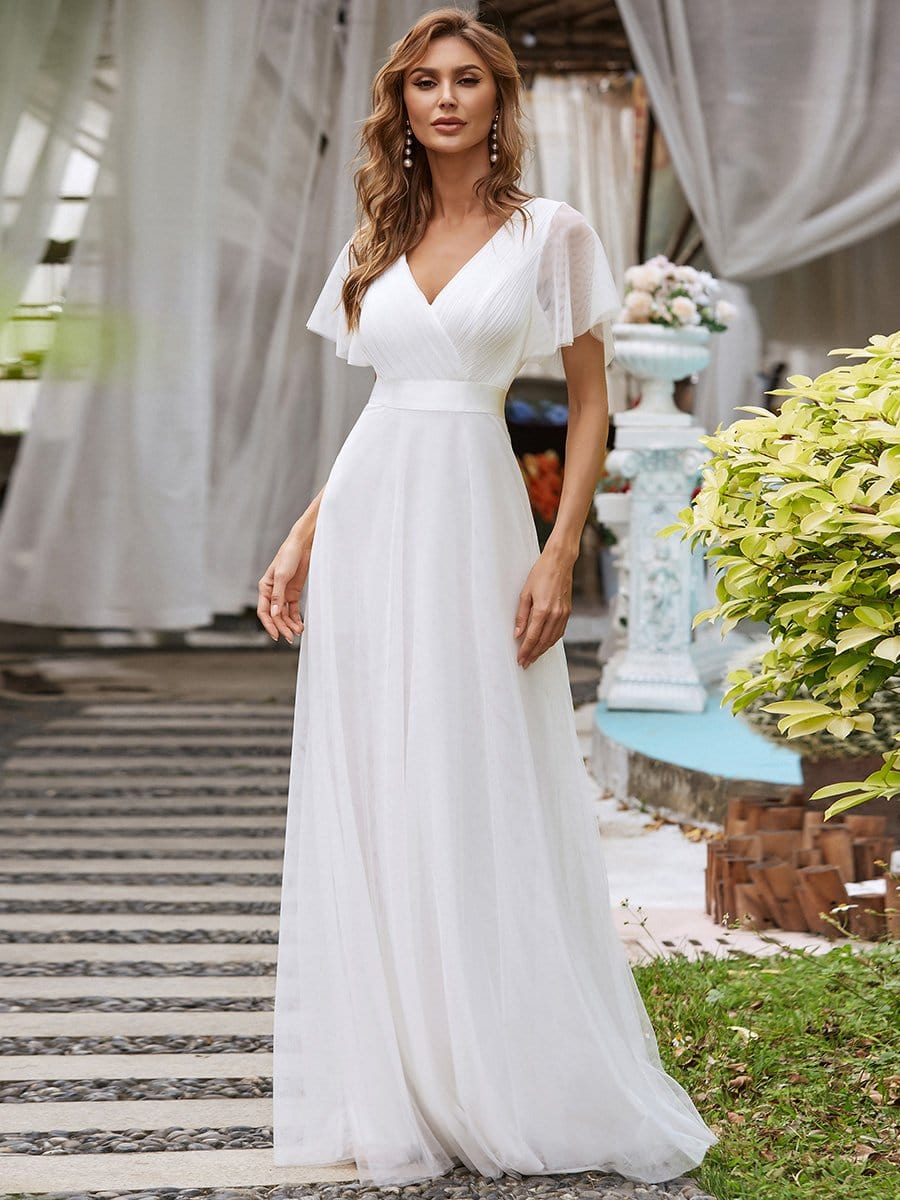 Double V-Neck Floor-Length Short Sleeve Tulle Bridesmaid Dresses #color_White 