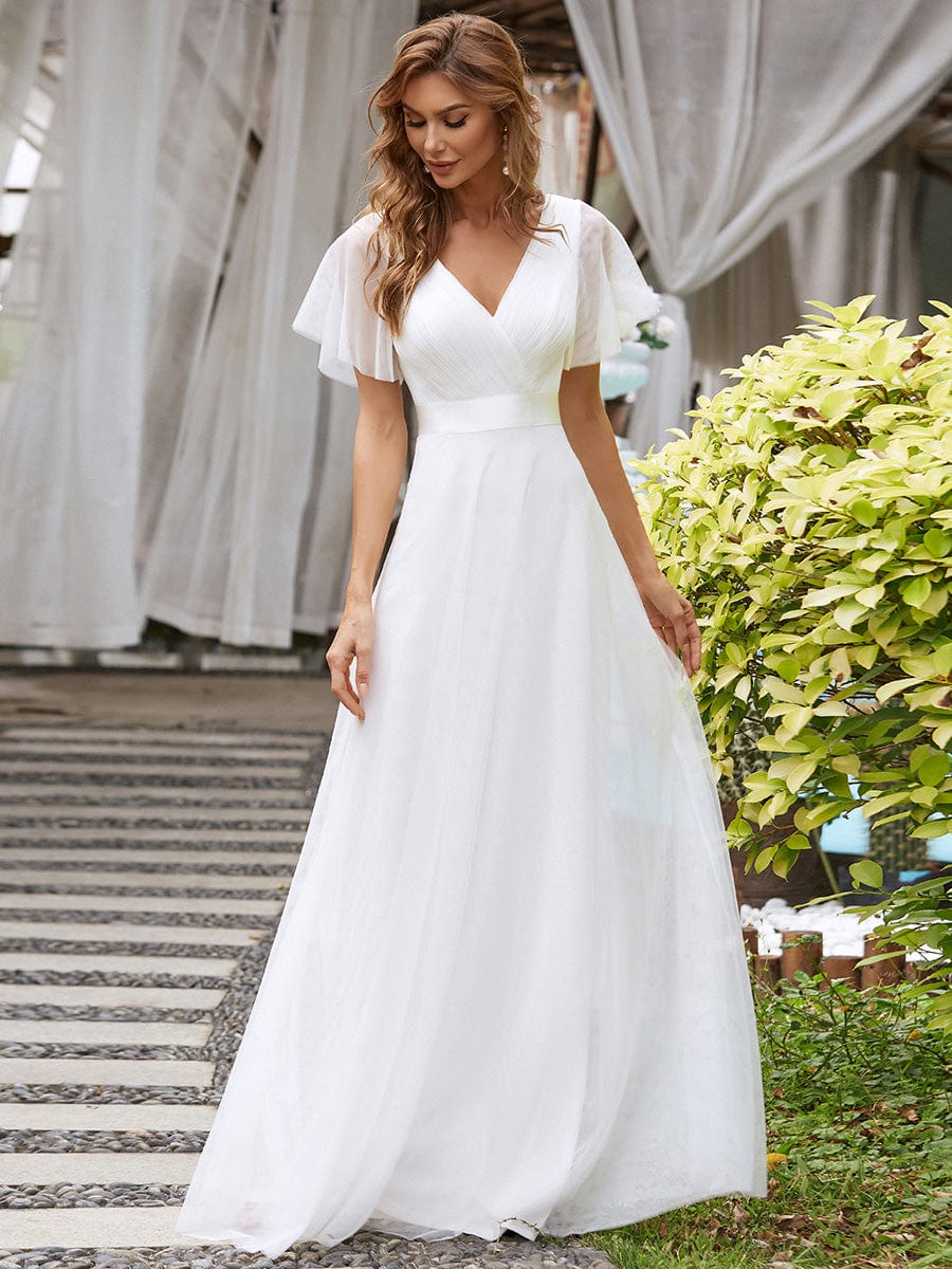 Double V-Neck Floor-Length Short Sleeve Tulle Bridesmaid Dresses #color_White