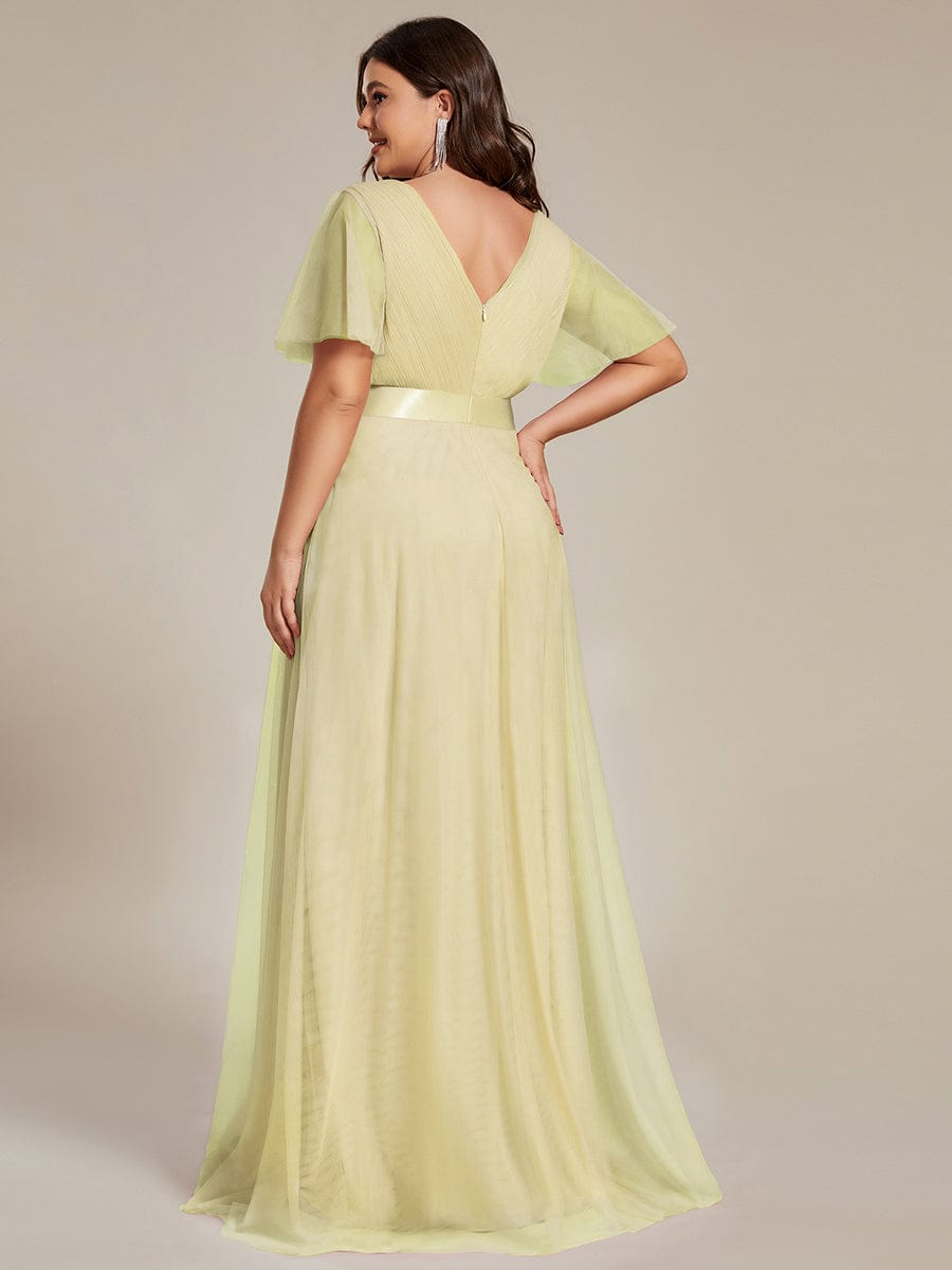 Double V-Neck Floor-Length Short Sleeve Tulle Bridesmaid Dresses #color_Yellow