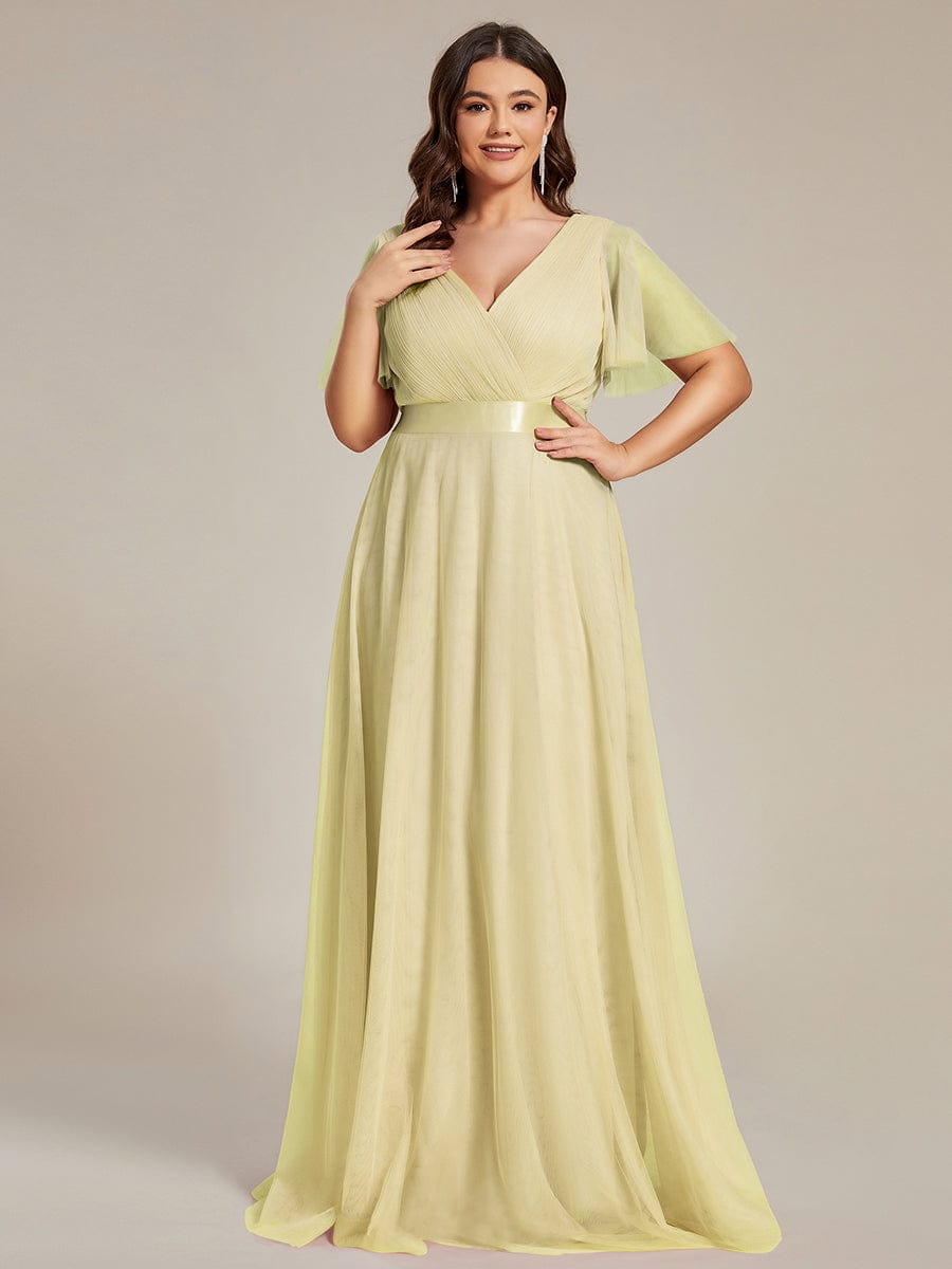 Double V-Neck Floor-Length Short Sleeve Tulle Bridesmaid Dresses #color_Yellow