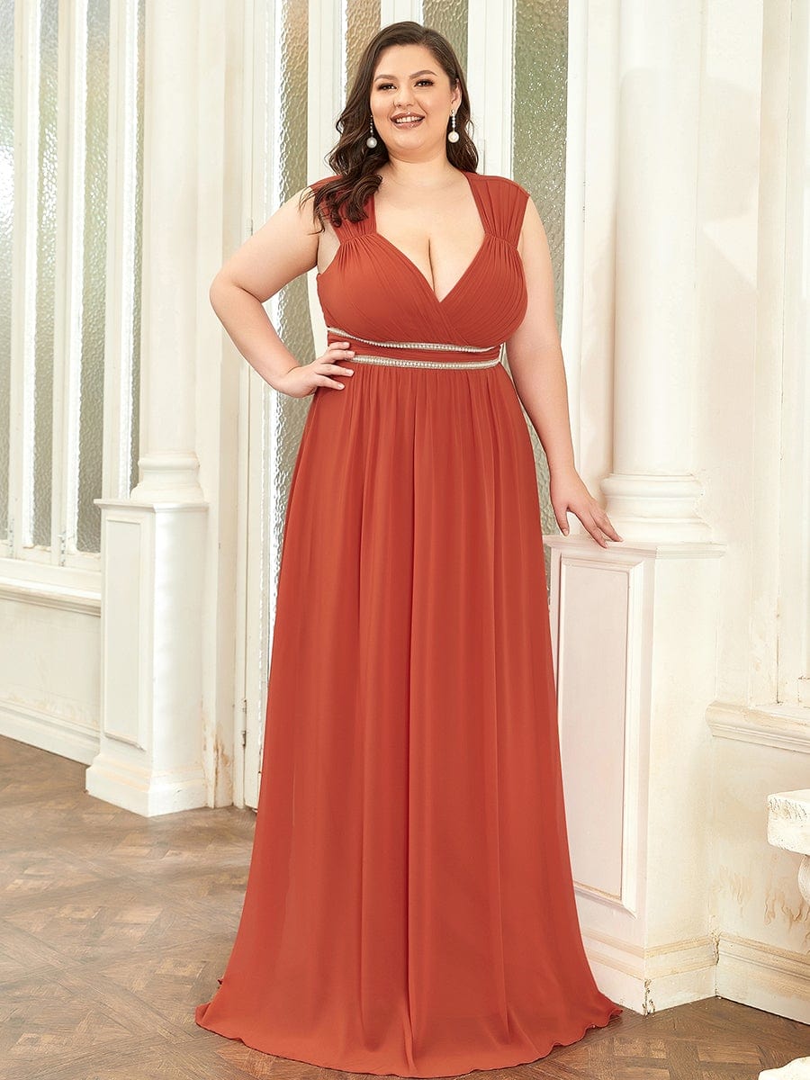 Plus Size Sleeveless Beaded Belt Chiffon Formal Summer Dresses #color_Burnt Orange 