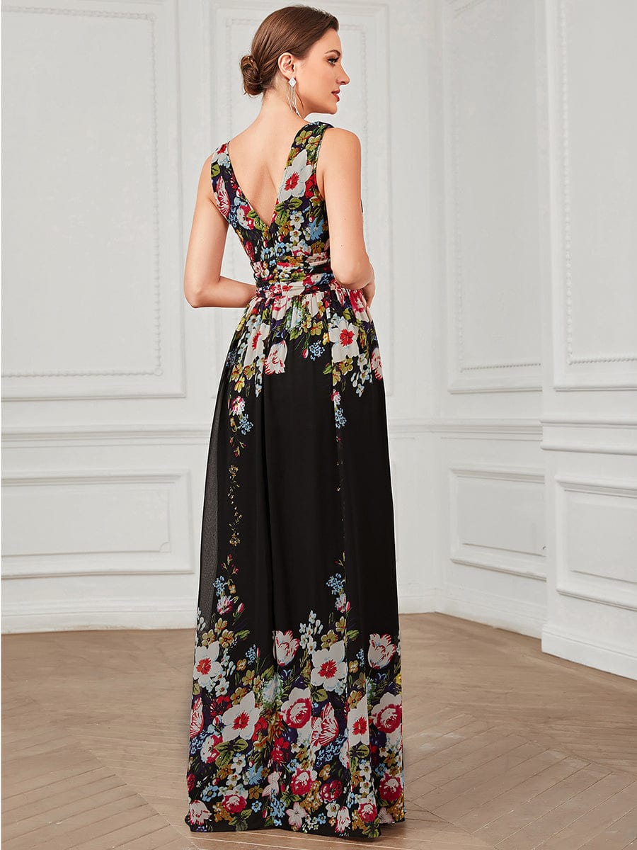 Sleeveless V-Neck Maxi Chiffon Bridesmaid Dress #color_Black and Printed