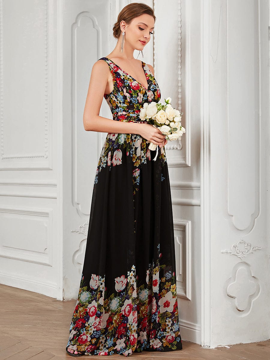 Sleeveless V-Neck Maxi Chiffon Bridesmaid Dress #color_Black and Printed