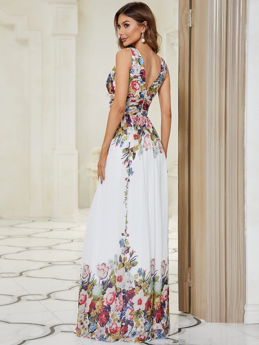 Sleeveless V-Neck Maxi Chiffon Bridesmaid Dress #color_Printed Cream