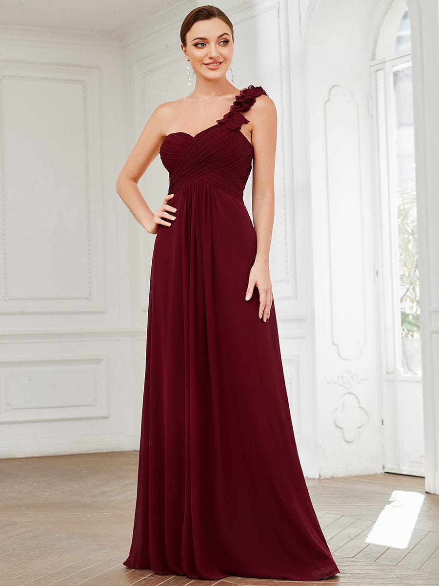 Sweet Pleated Bodice One Shoulder Chiffon Bridesmaid Dress #color_Burgundy