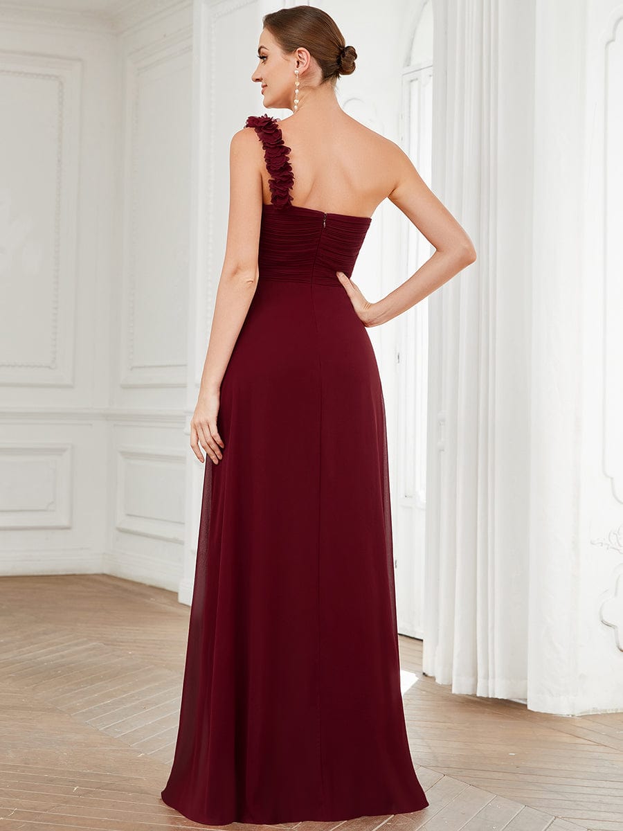 Sweet Pleated Bodice One Shoulder Chiffon Bridesmaid Dress #color_Burgundy