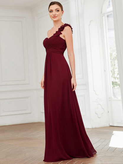 Sweet Pleated Bodice One Shoulder Chiffon Bridesmaid Dress #color_Burgundy