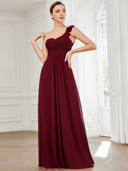 Sweet Pleated Bodice One Shoulder Chiffon Bridesmaid Dress #color_Burgundy