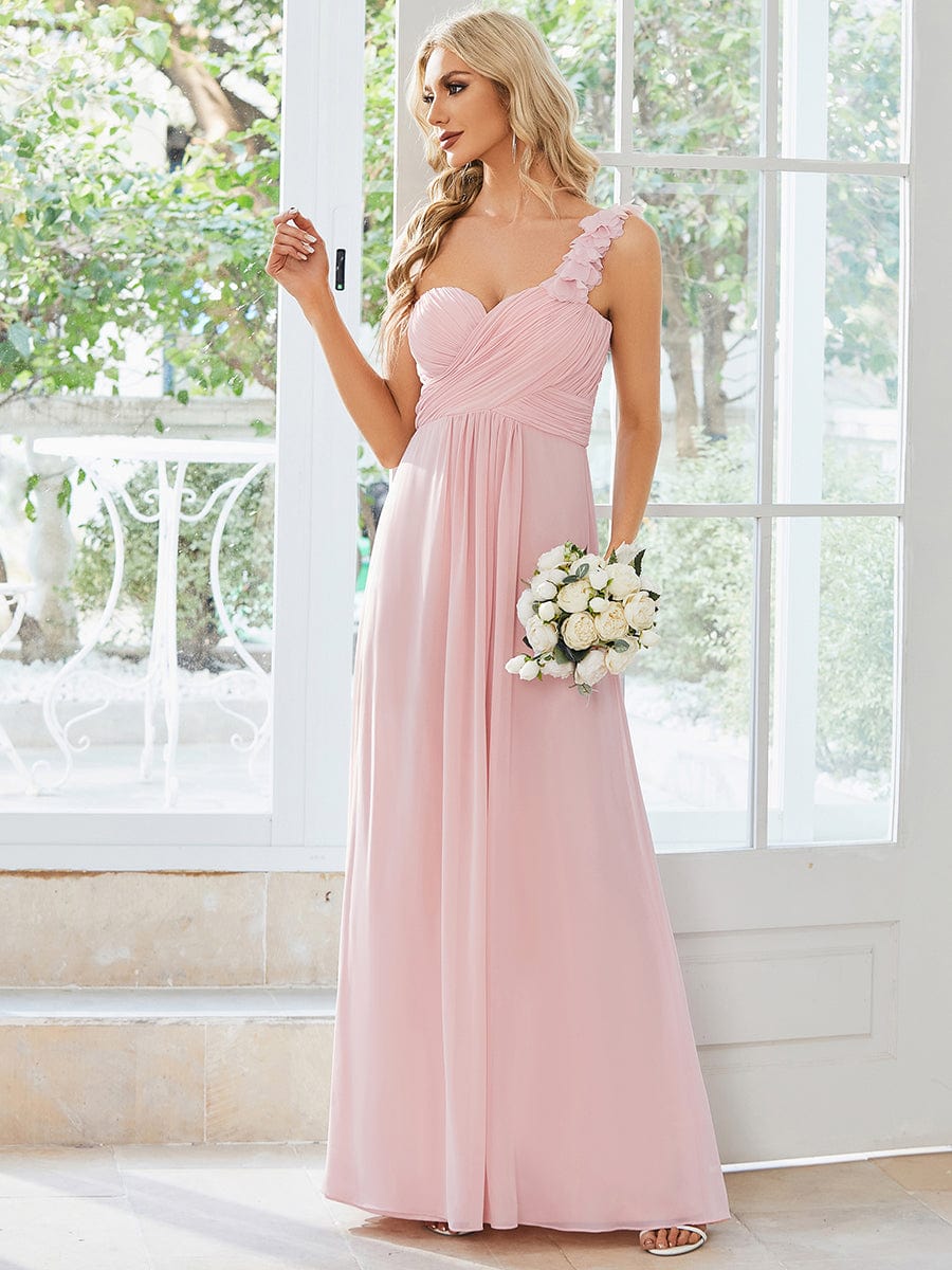 Sweet Pleated Bodice One Shoulder Chiffon Bridesmaid Dress #color_Pink