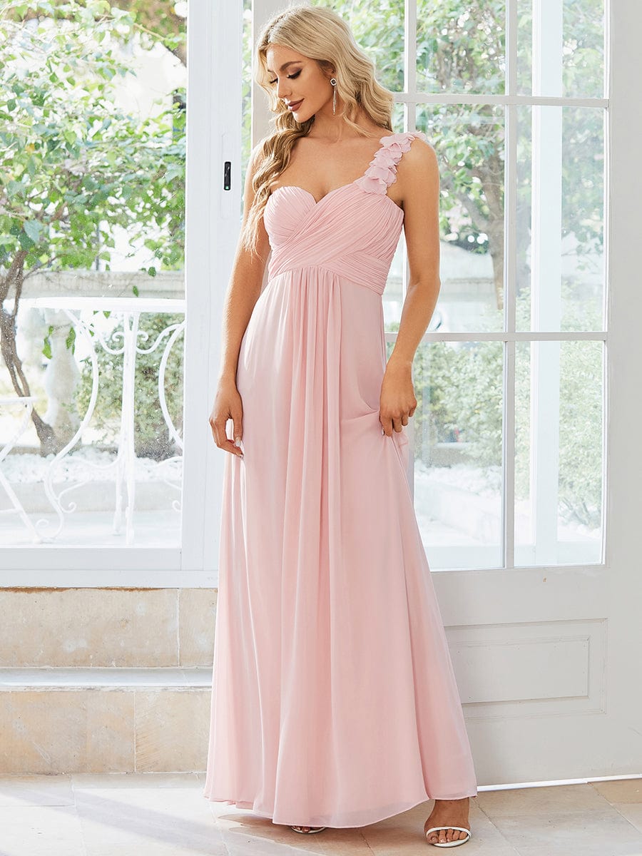 Sweet Pleated Bodice One Shoulder Chiffon Bridesmaid Dress #color_Pink