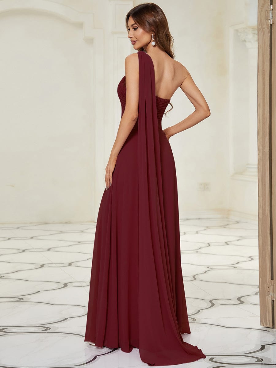 Pleated One Shoulder Long Chiffon Evening Dress #color_Burgundy