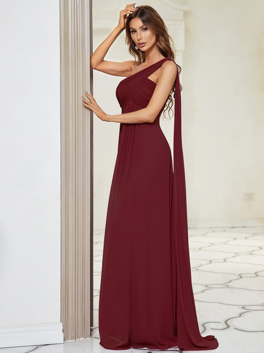 Pleated One Shoulder Long Chiffon Evening Dress #color_Burgundy