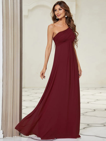 Pleated One Shoulder Long Chiffon Evening Dress #color_Burgundy