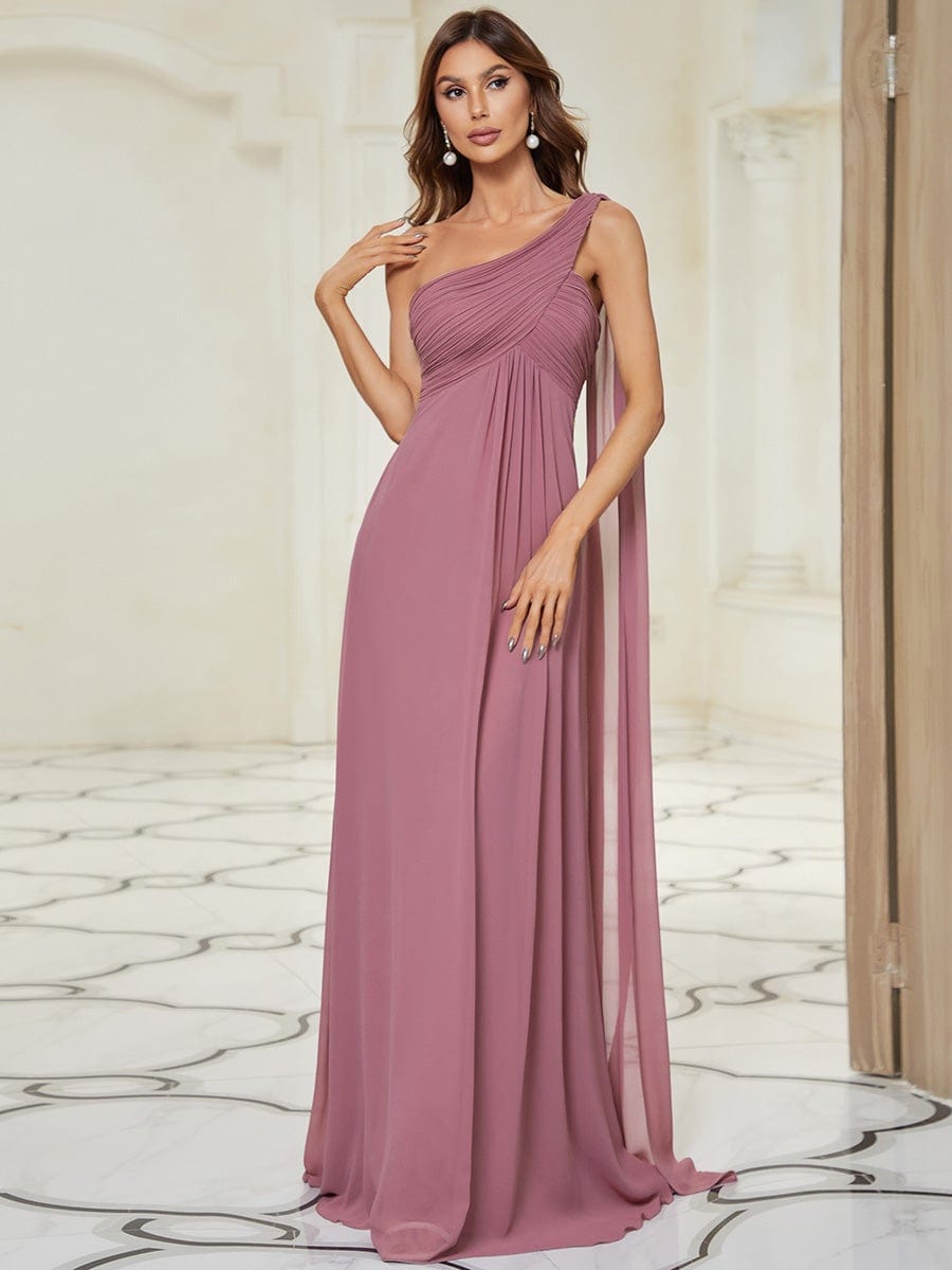 Pleated One Shoulder Long Chiffon Evening Dress #color_Purple Orchid 