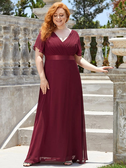 Long Chiffon Empire Waist Bridesmaid Dress with Short Flutter Sleeves #color_Burgundy