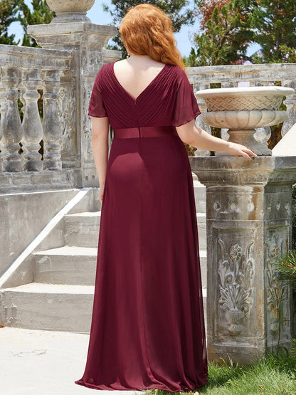 Plus Size Long Empire Waist Evening Dress With Short Flutter Sleeves #color_Burgundy